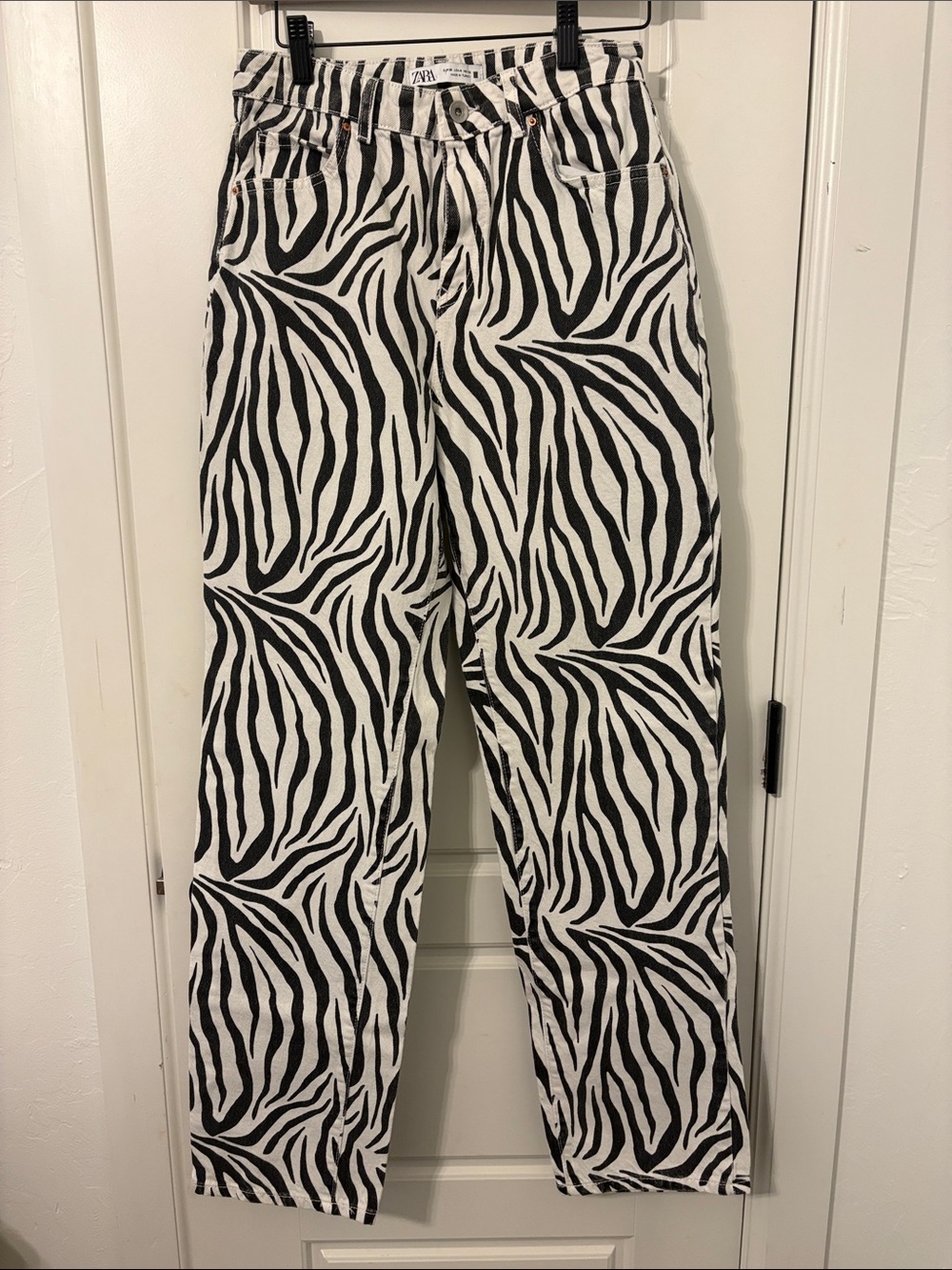 Zara Black and White Zebra-Print Straight-Leg Jeans